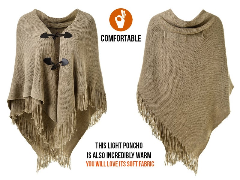 Ferand Shawl Wraps for Women â€“ Toggle Closure, Elegant Fringe Shawl for Travel, Work, or Casual Outfits, Perfect for Fall Layering, Khaki - Image 3